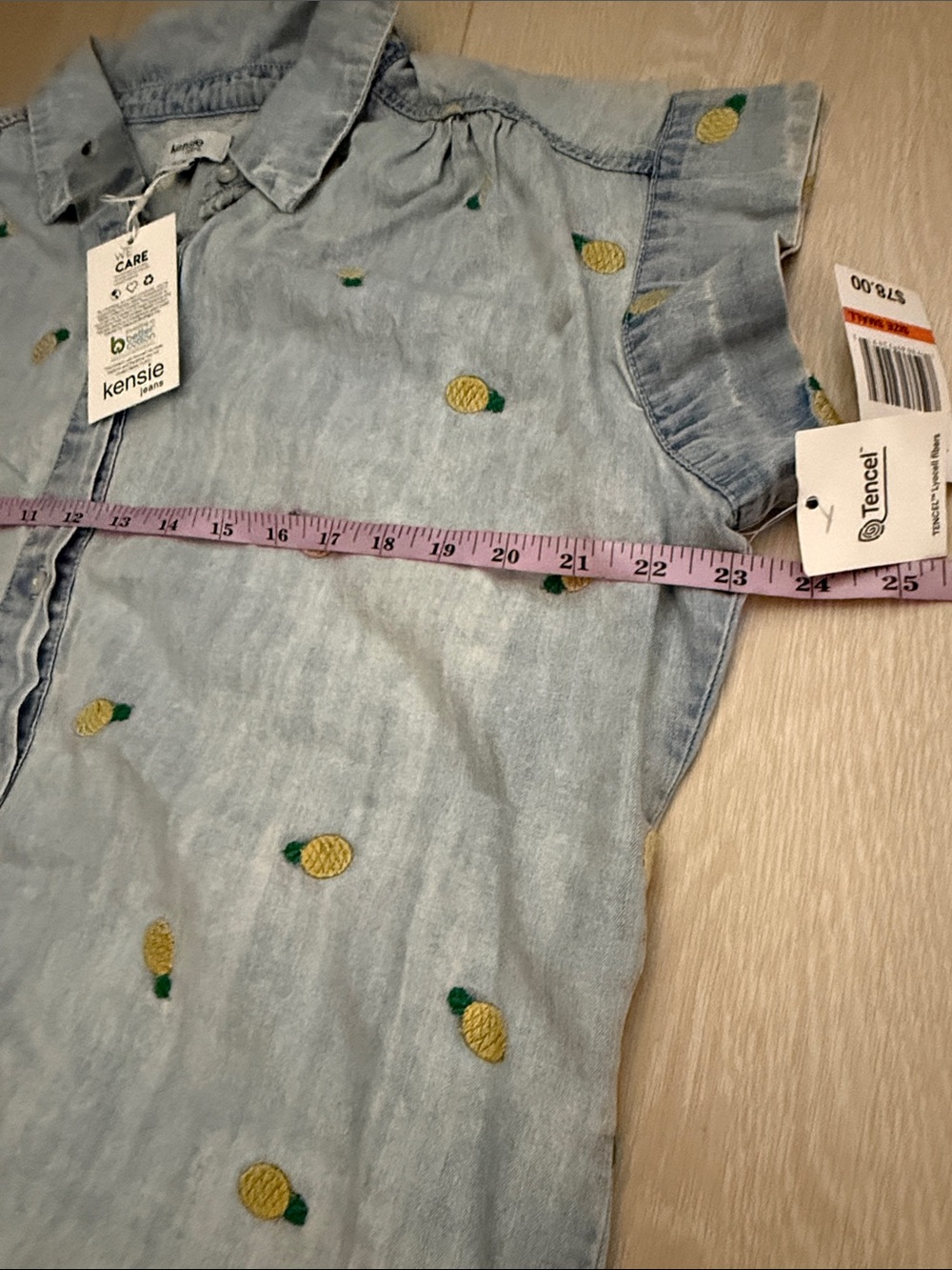Kensie Light Blue Denim Button-Down Shirt with Yellow Pineapple Embroidery - Picture 6 of 8